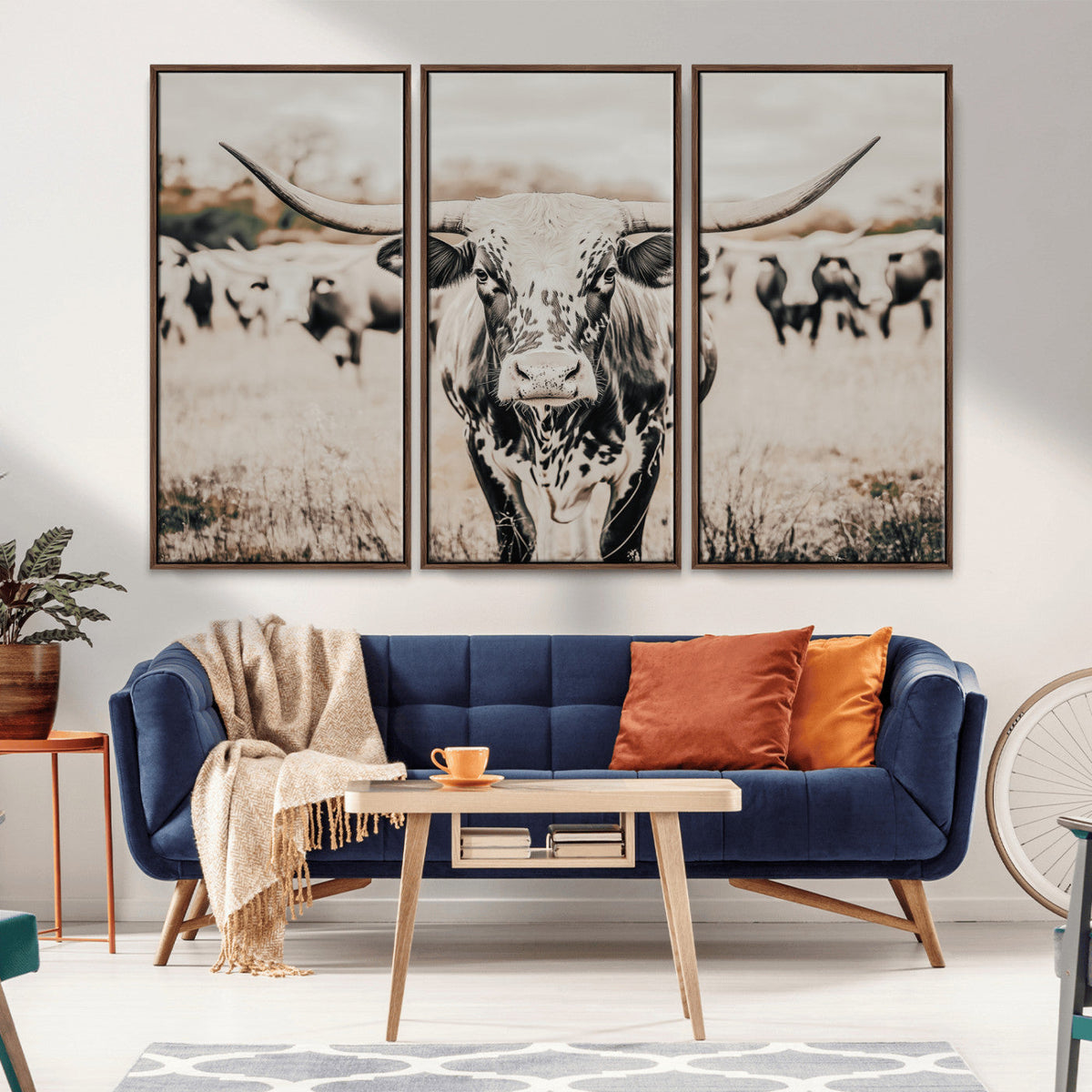 Texas Longhorn Wall Art Canvas Print | Framed Speckled Brown and White Bull