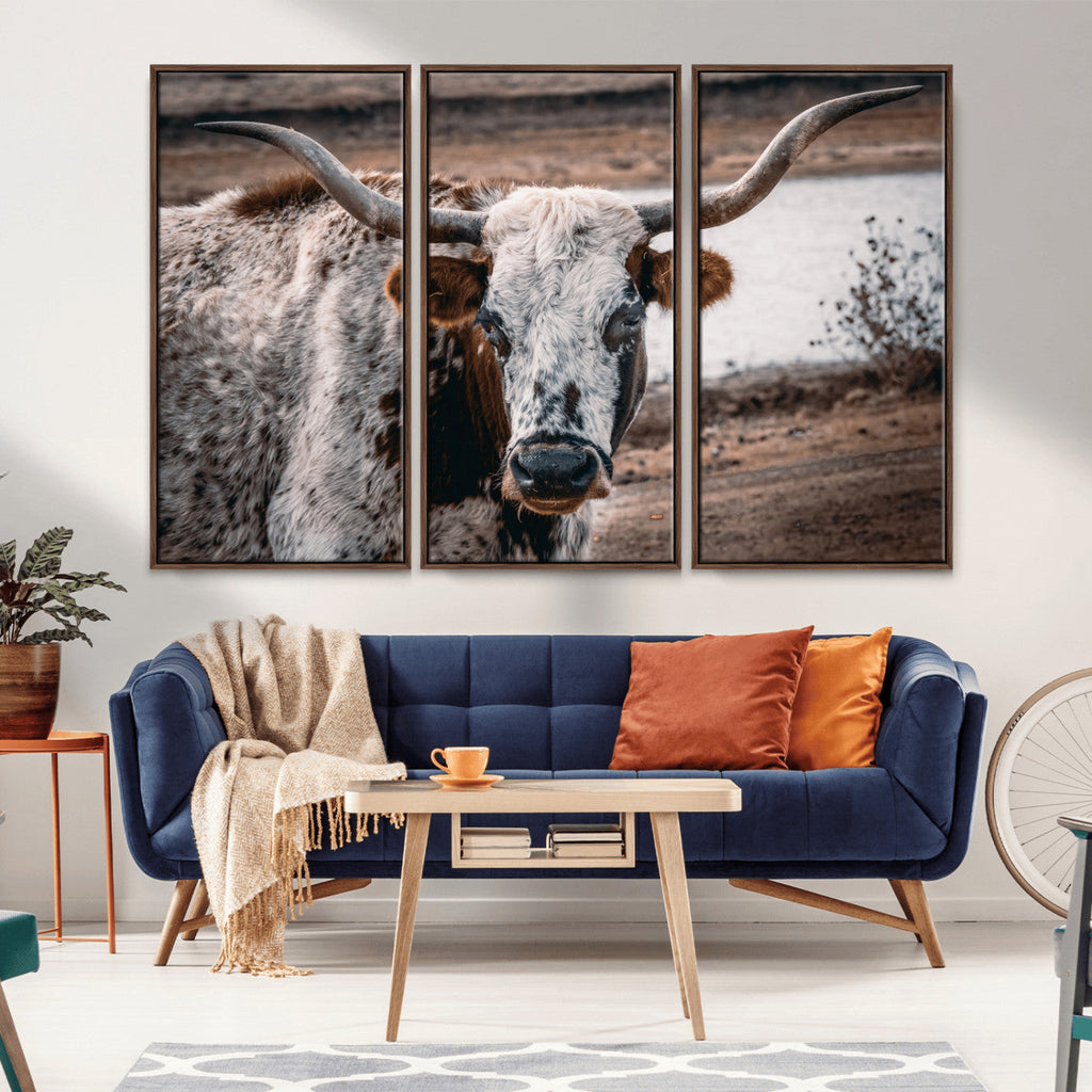Texas Longhorn Wall Art Canvas Print | Framed Brown and White Spotted Longhorn