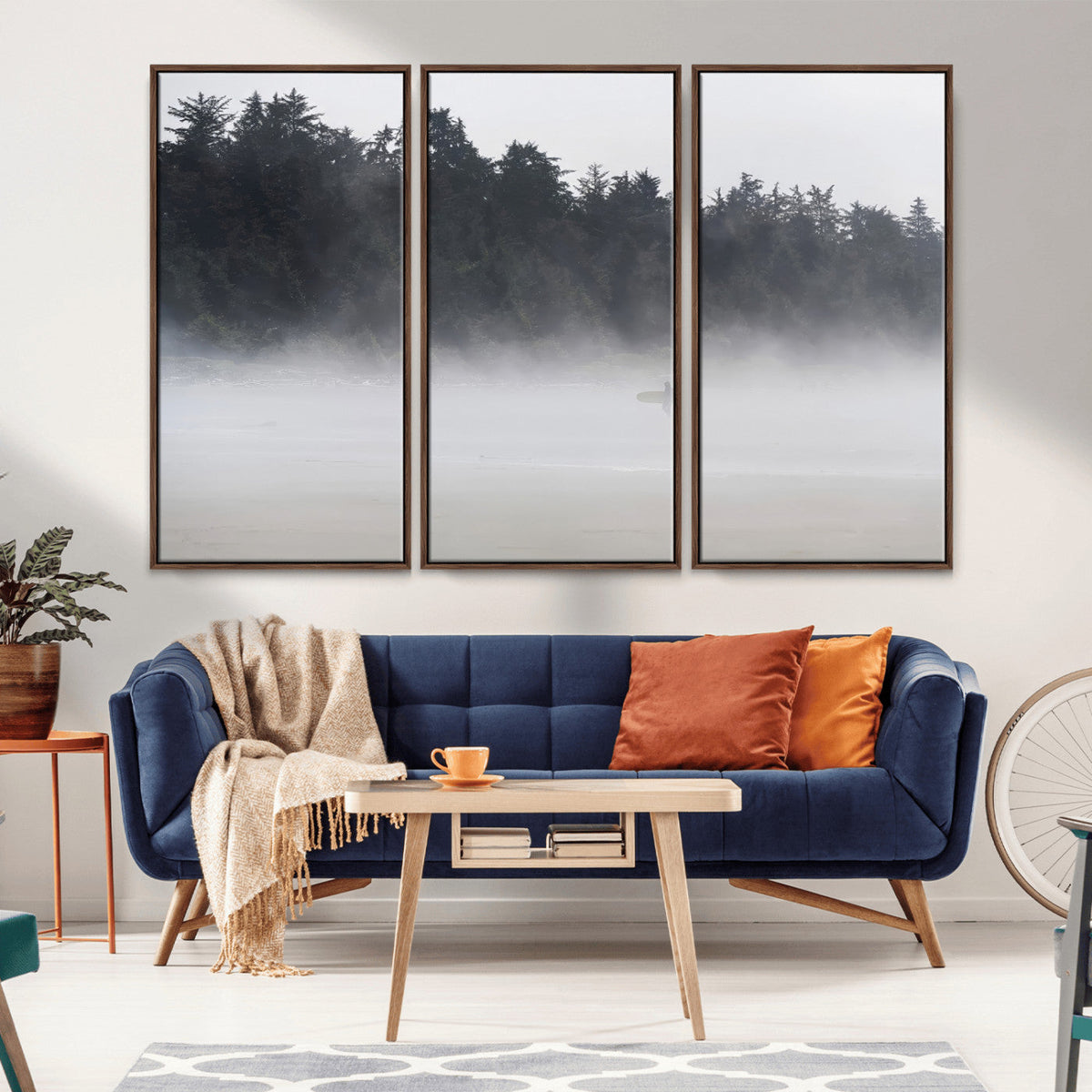Surfer Fog Wall Art Canvas Print, Framed Foggy Beach and Coastal Surf Scene