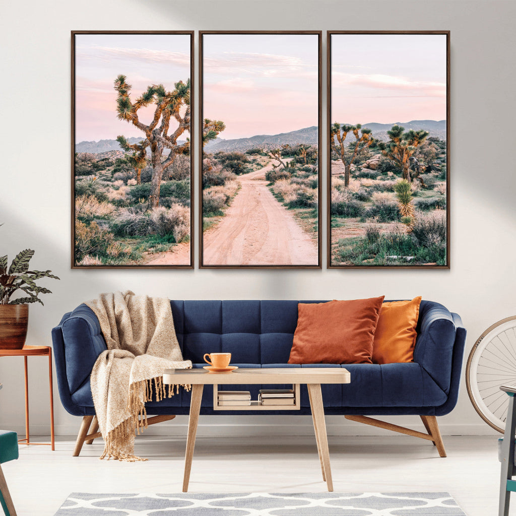 Joshua Tree Wall Art Canvas Print, Framed Desert Road Scene at Sunset