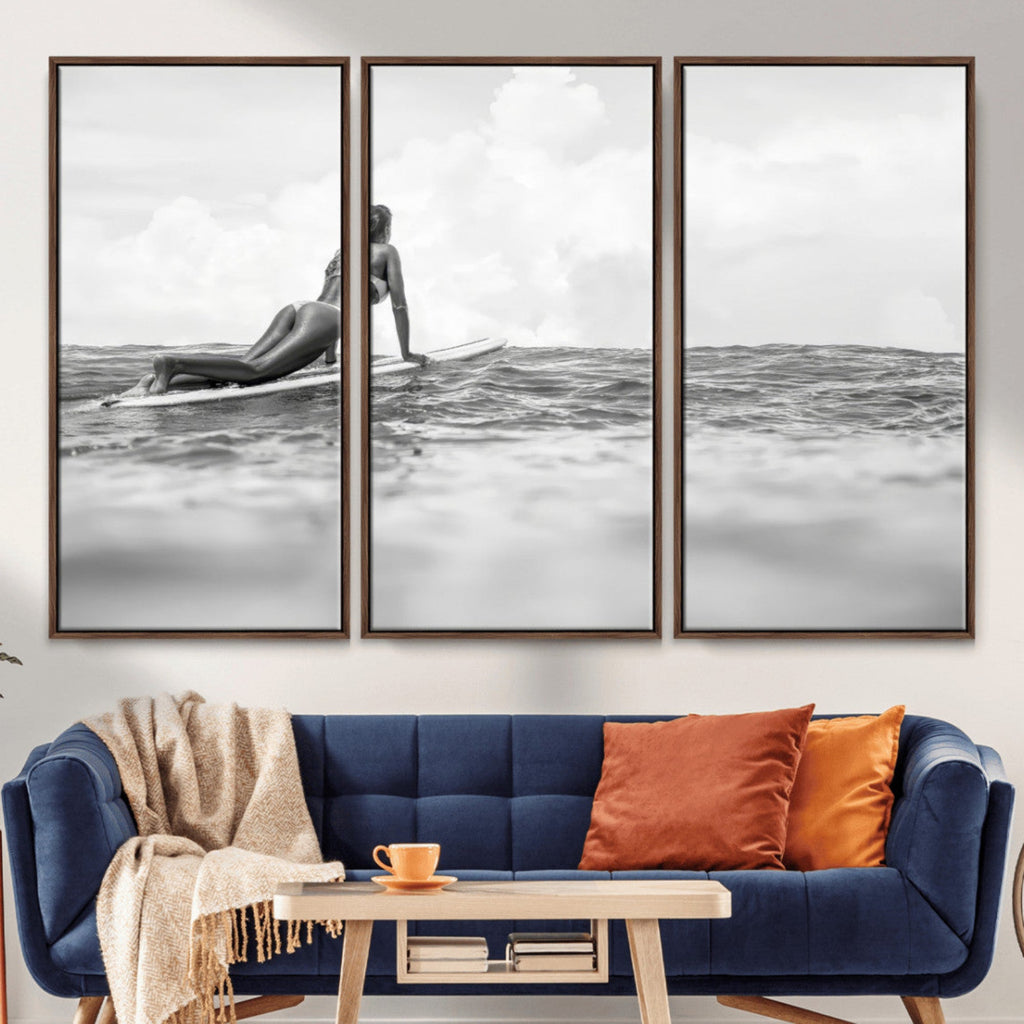 Black and White Surfing Wall Art Canvas Print, Framed Ocean Horizon Surfer Girl
