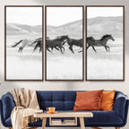 Wild Horses Running Wall Art Canvas Print, Framed Black White Mustangs Artwork