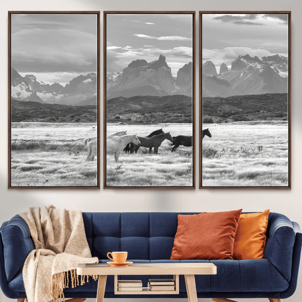 Wild Horses Wall Art | Framed Black White Mountain Canvas