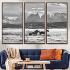 Wild Horses Wall Art | Framed Black White Mountain Canvas