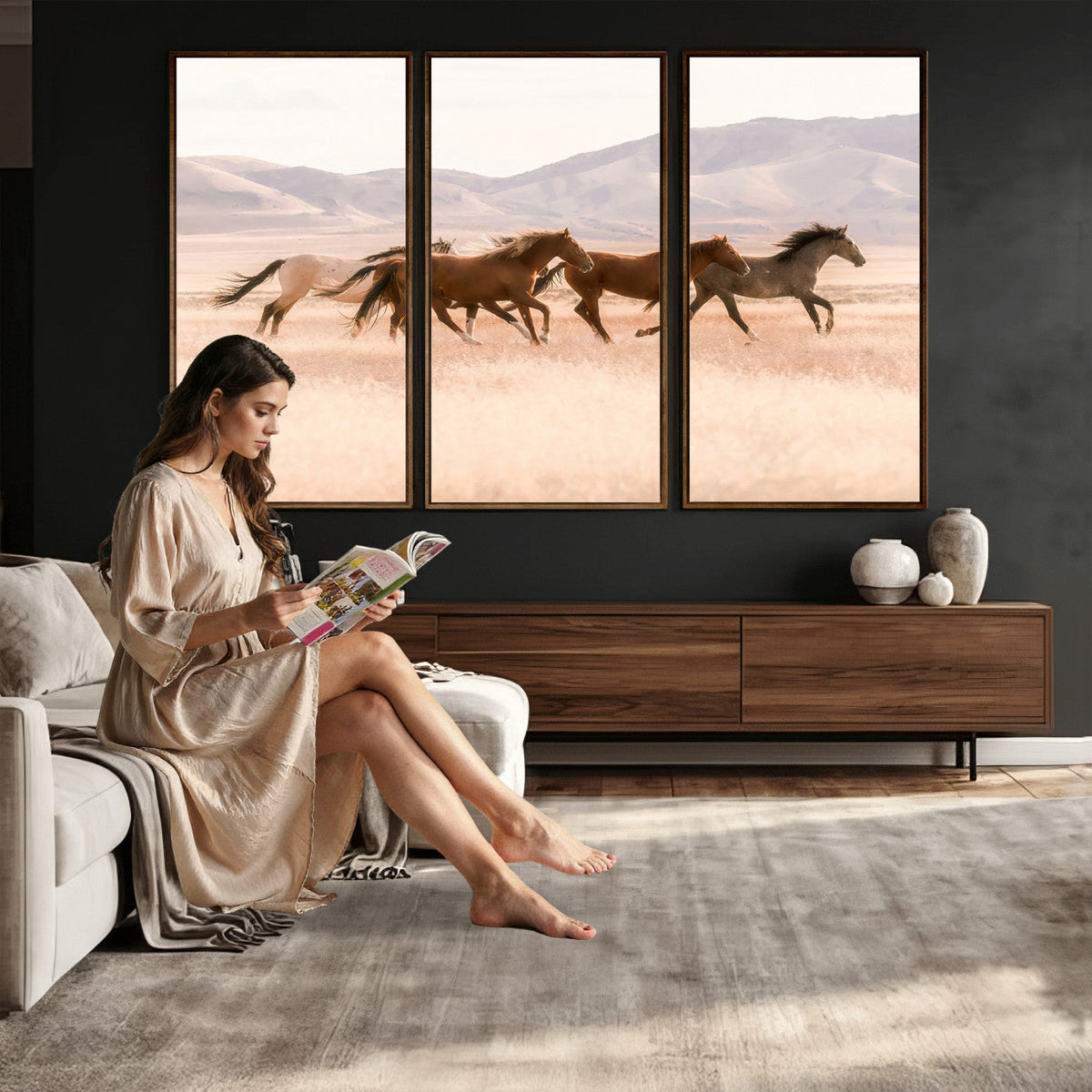 Wild Horse Wall Art Canvas Print, Framed Rustic Western Art, Desert Horse Scene