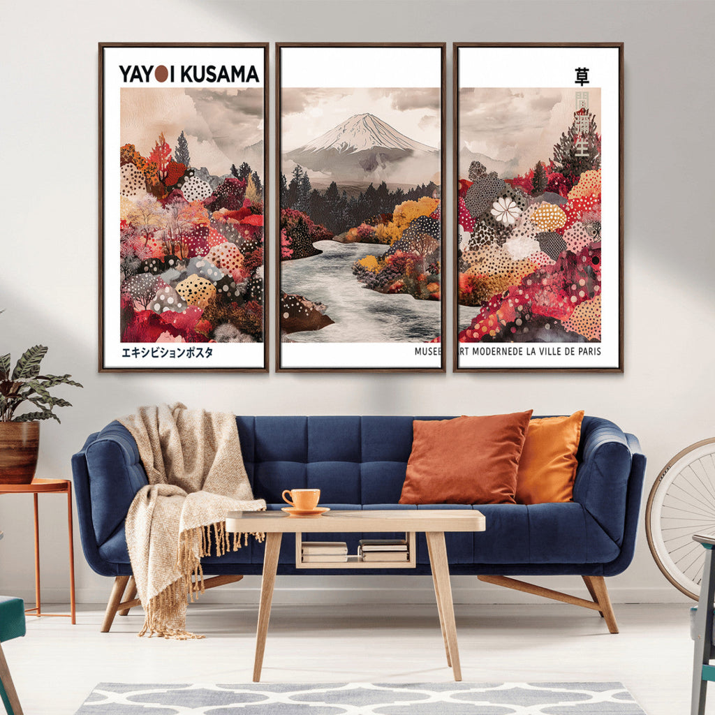 Modern Japanese Wall Art Canvas Print, Framed Abstract Mount Fuji Art, Yayoi Kusama Japanese Landscape