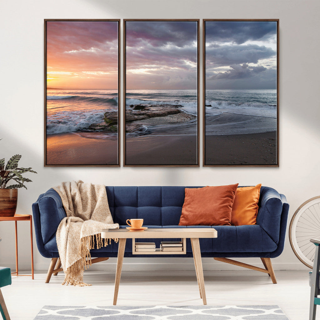 Golden Hour Wall Art Canvas Print, Framed Tranquil Waves Beach Sunset