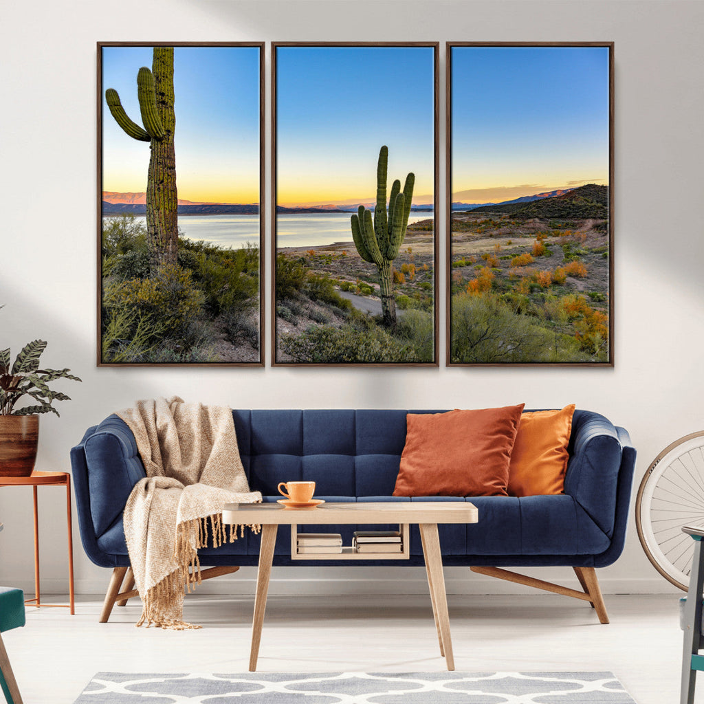 Saguaro Cactus Wall Art Canvas Print, Framed Desert Sunset Southwestern