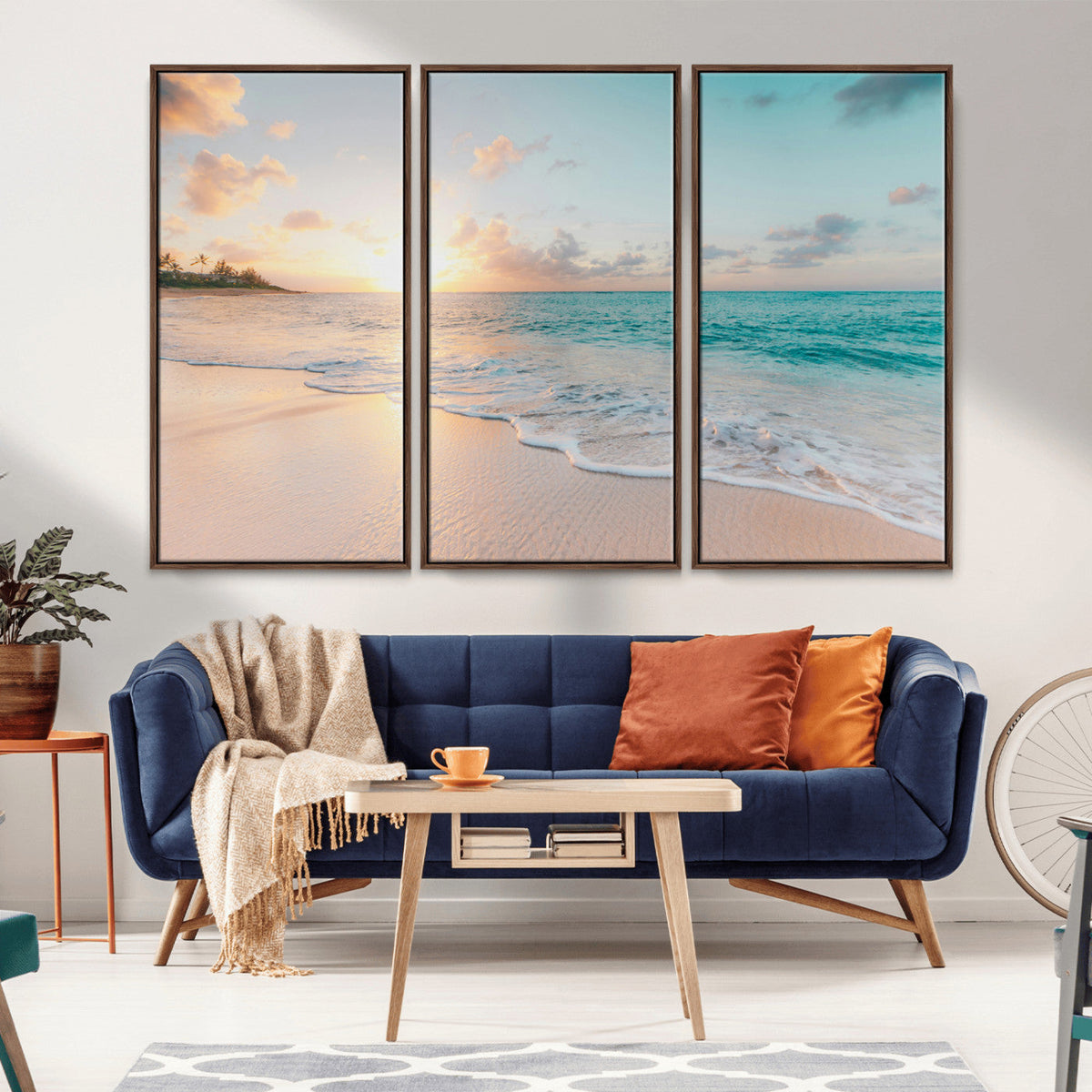 Beach Sunset Wall Art Canvas Print, Framed Ocean Waves Summer Escape