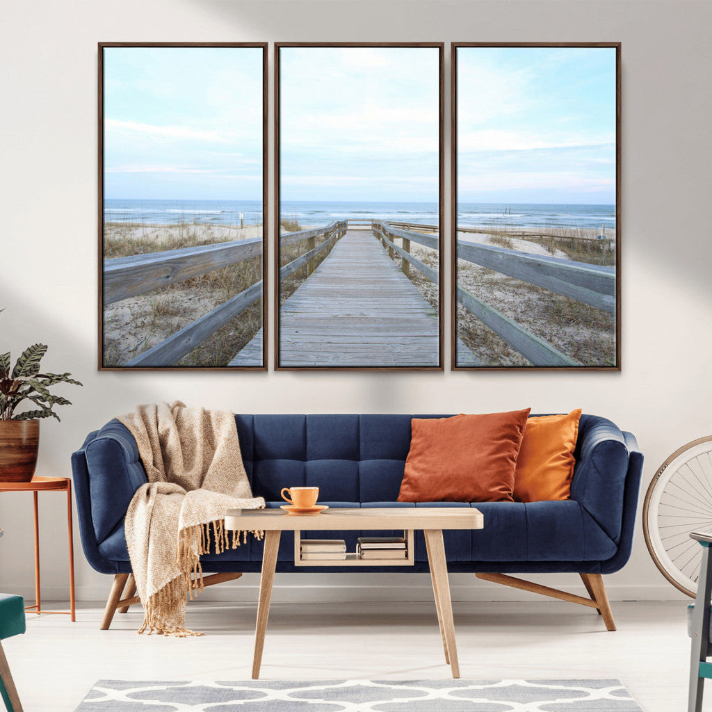Beach Boardwalk Wall Art Canvas Print, Framed Coastal Serenity Ocean View