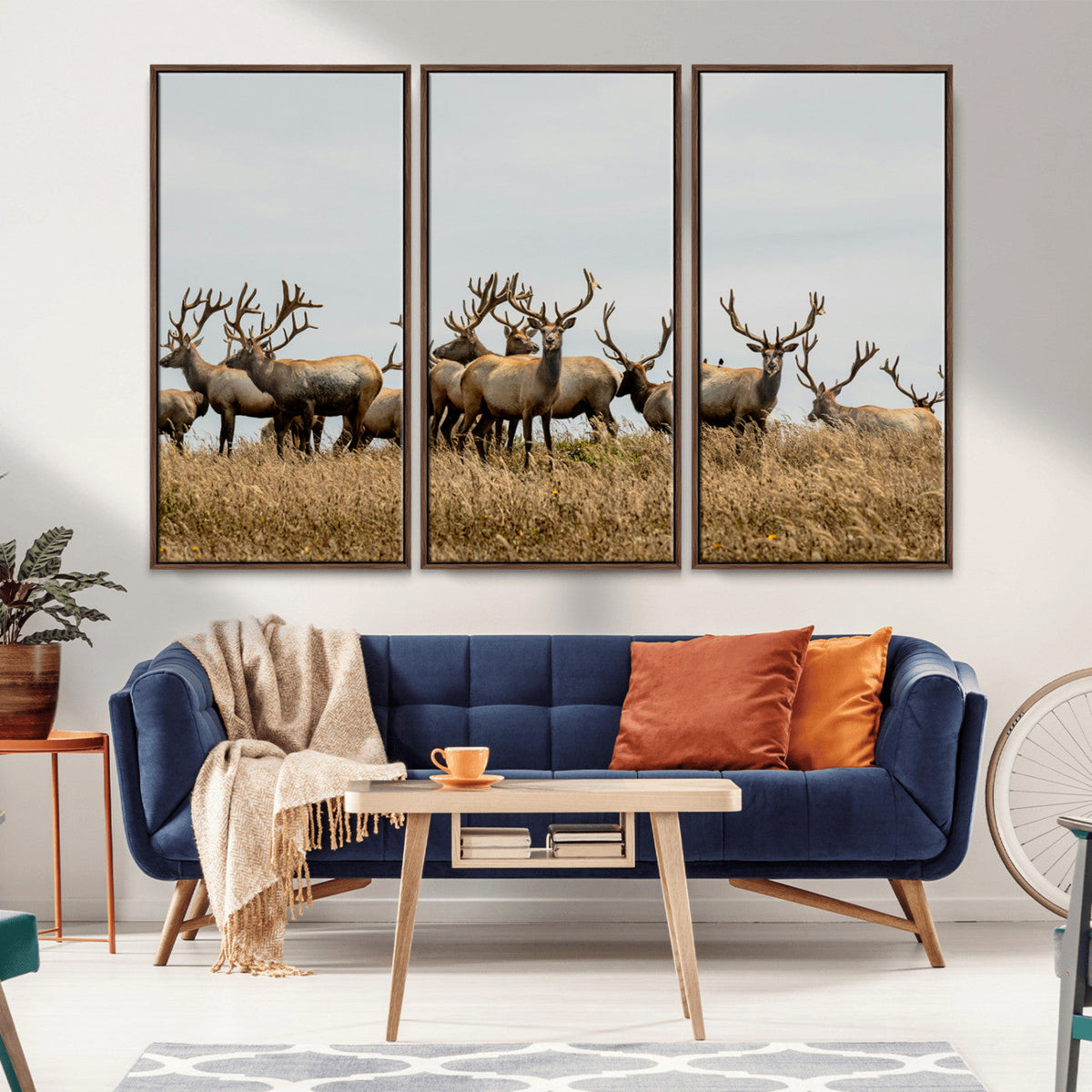 Elk Herd Wall Art Canvas Print, Framed Wildlife Photography Art, Majestic Antlers Rustic Wildlife Decor