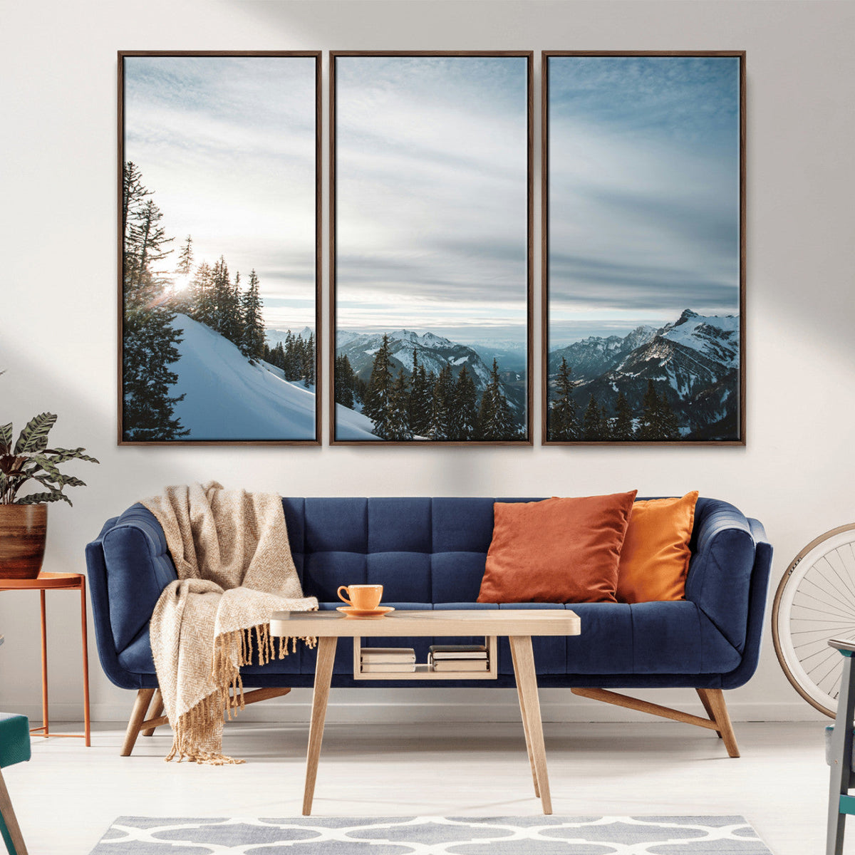 Snowy Mountains Wall Art Canvas Print, Framed Alpine Landscape Frosty Peaks Artwork