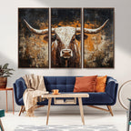 Abstract Longhorn Bull Wall Art Canvas Print, Vintage Western Texas Steer Artwork