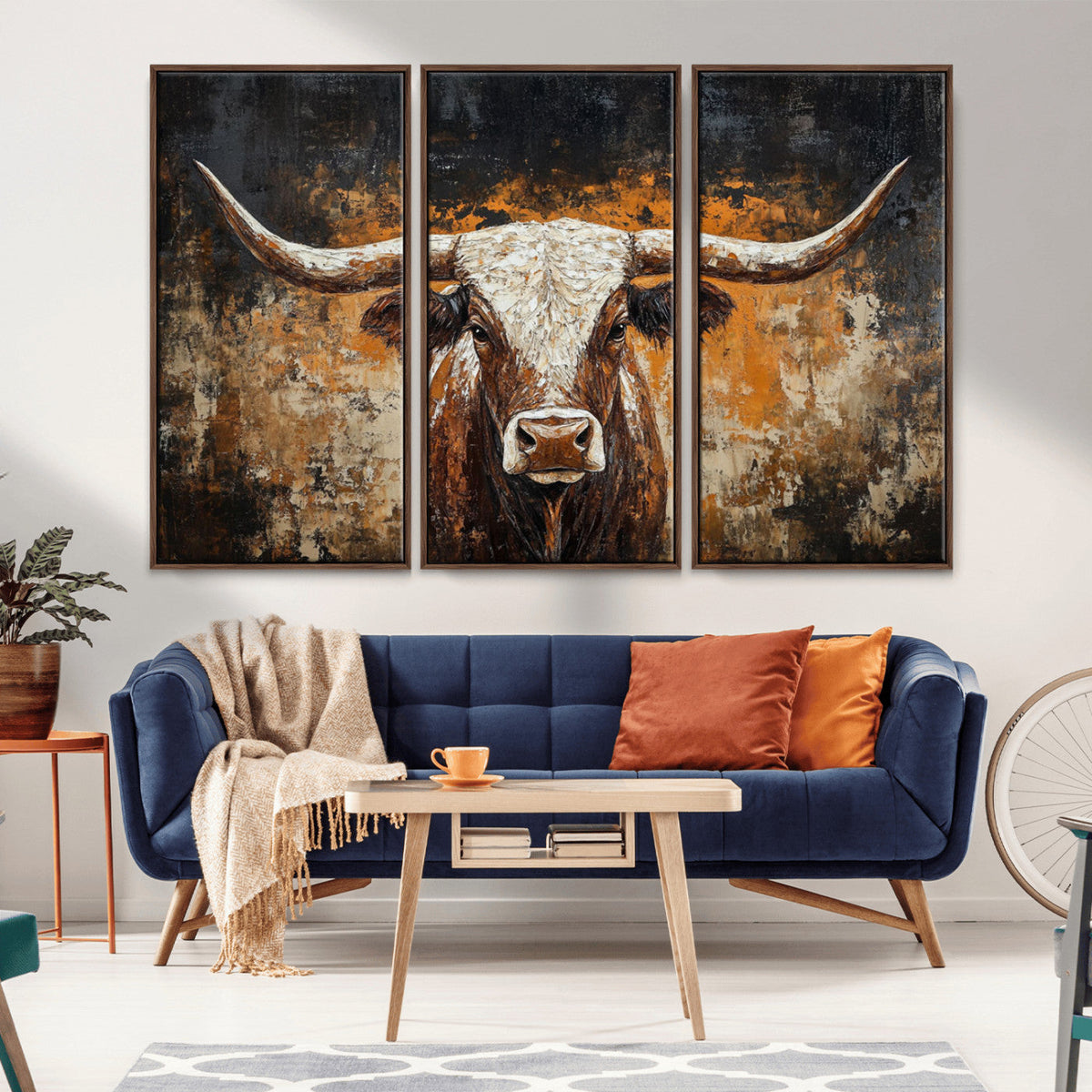 Abstract Longhorn Bull Wall Art Canvas Print, Vintage Western Texas Steer Artwork