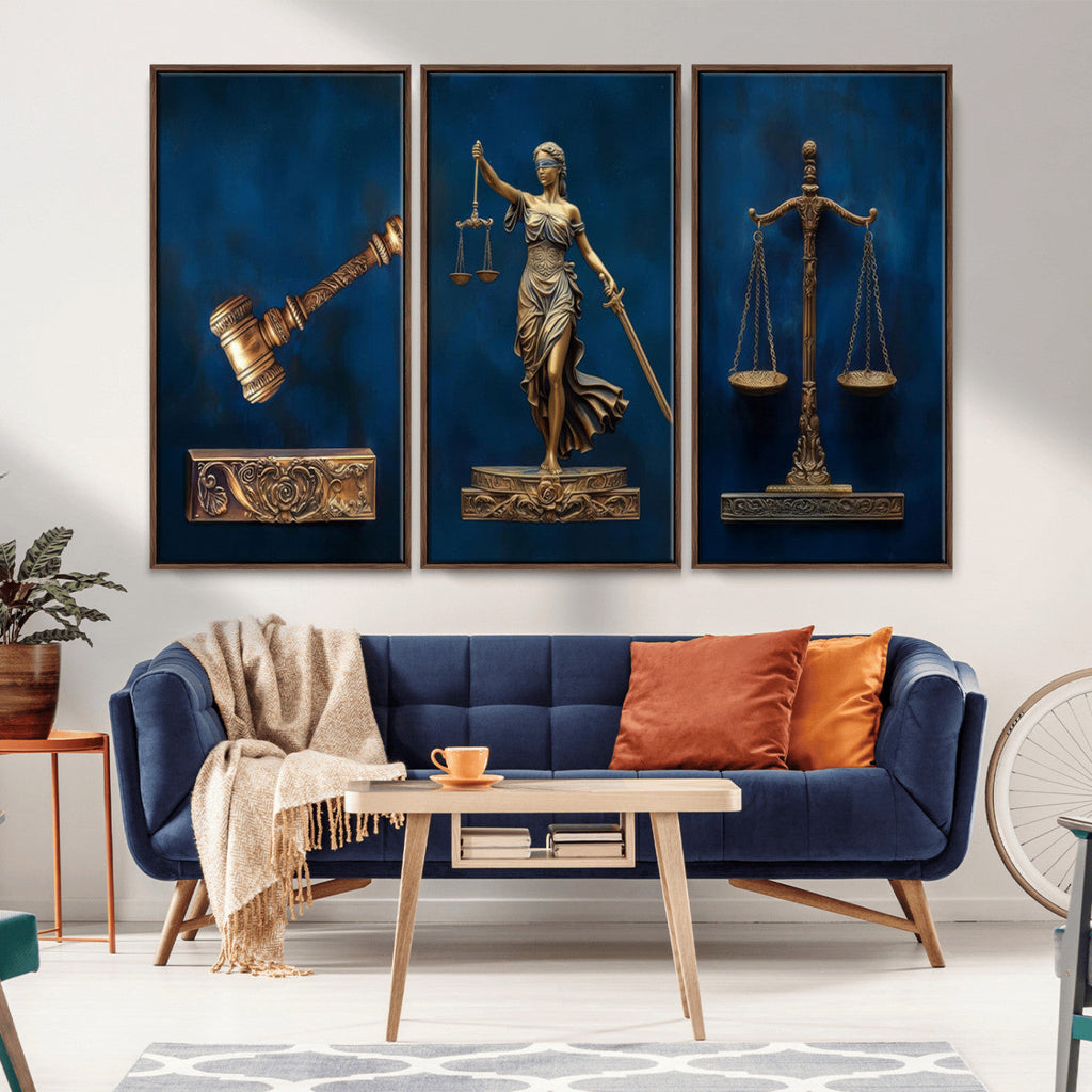 Lady Justice Wall Art Canvas Print, Elegant Gold Legal Symbols on Blue, Law Office Decor