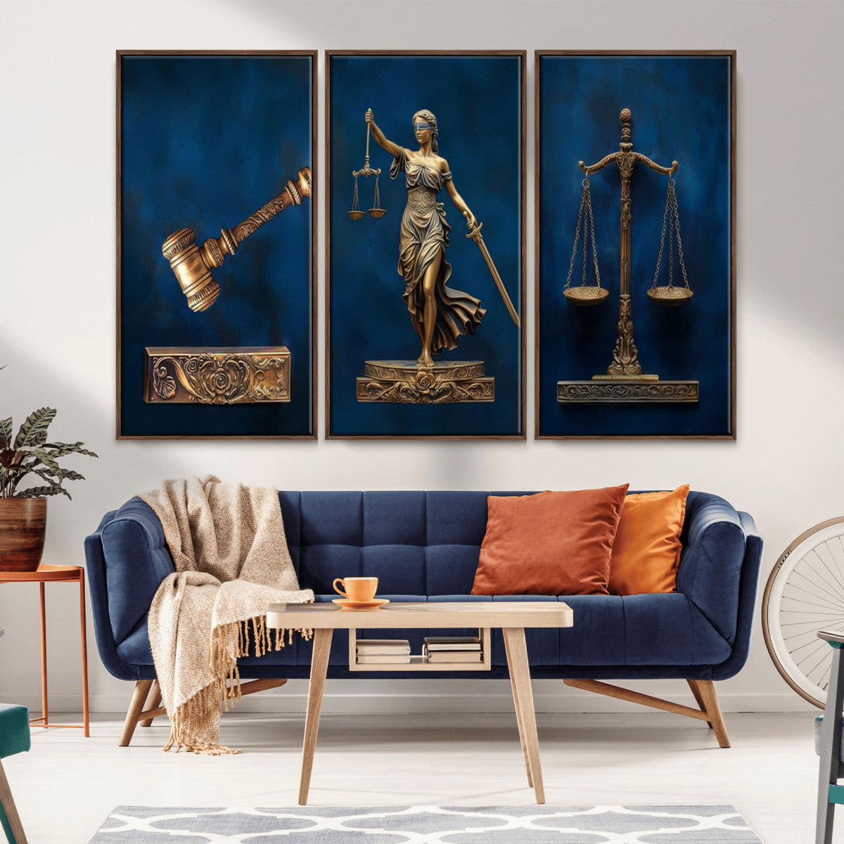 Lady Justice Wall Art Canvas Print, Elegant Gold Legal Symbols on Blue, Law Office Decor
