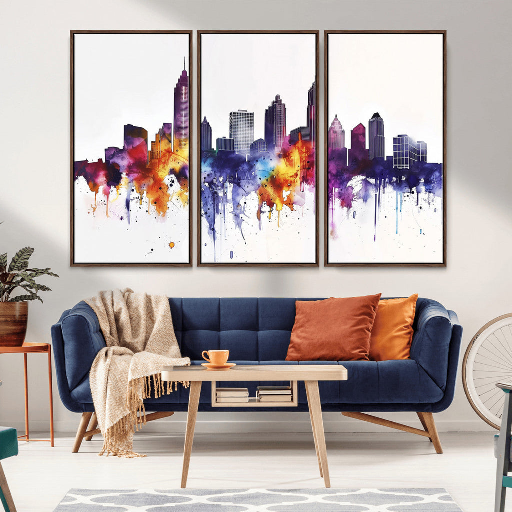 Atlanta Skyline Wall Art Canvas Print, Framed Colorful Watercolor Cityscape