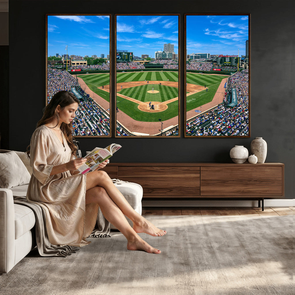 Wrigley Field Baseball Stadium Canvas Wall Art, Packed Crowd and Chicago Skyline