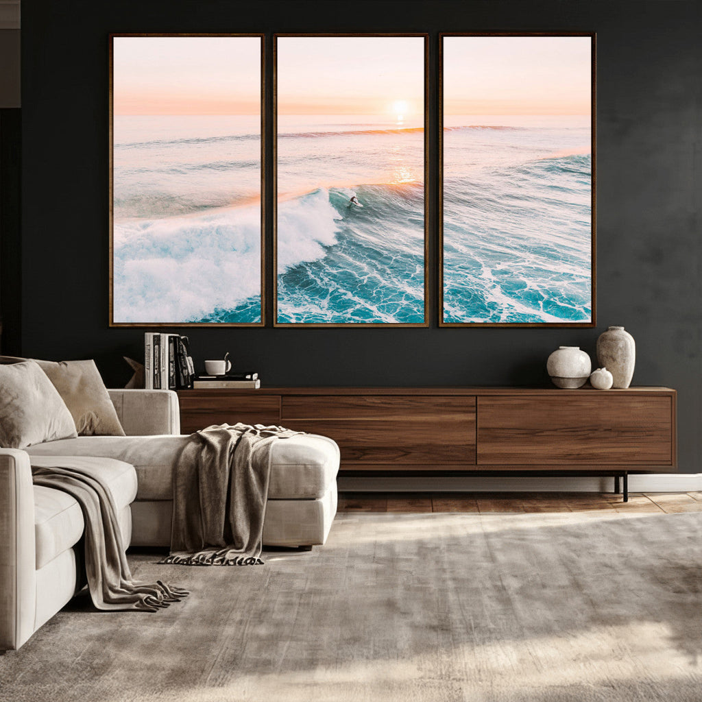 Sunset Surfing Wall Art Canvas Print, Ocean Wave Surfer with Golden Sky