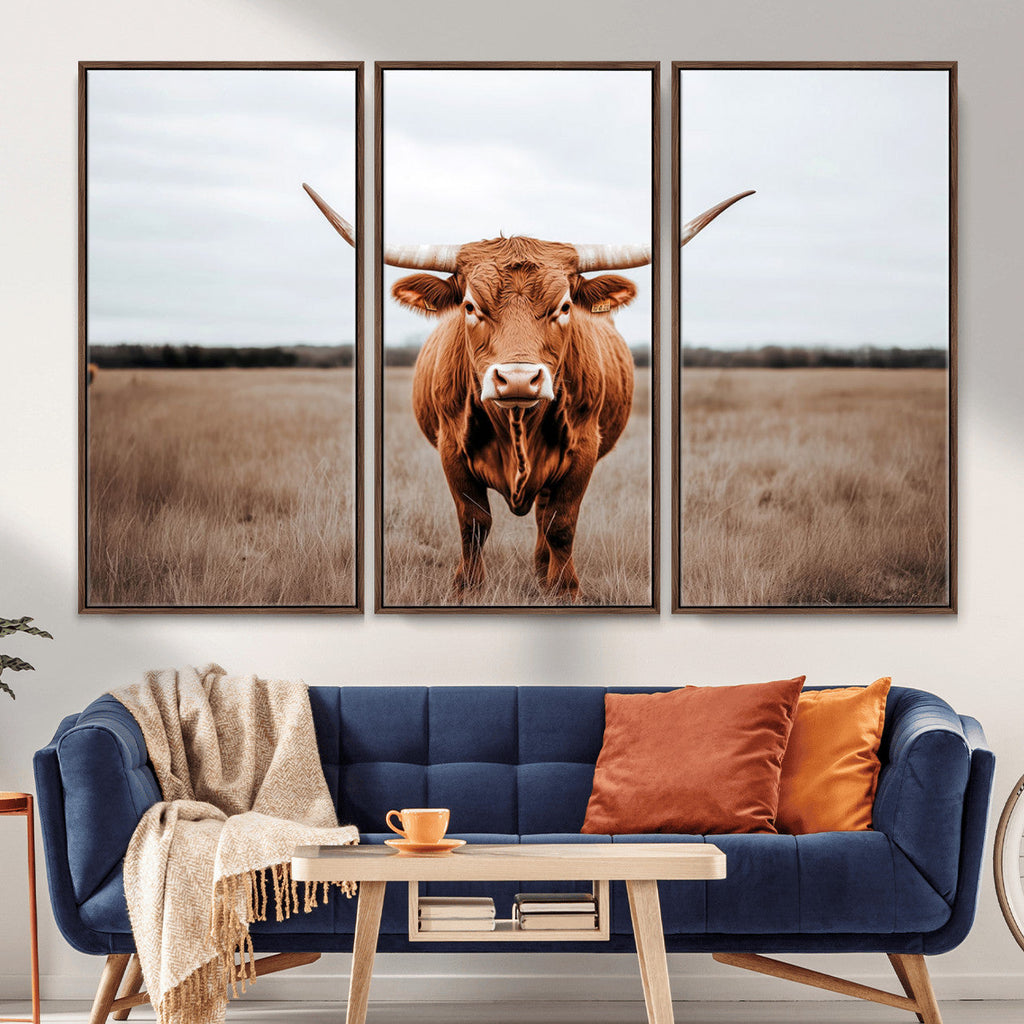 Longhorn Bull Wall Art Canvas Print, Framed Rustic Decor