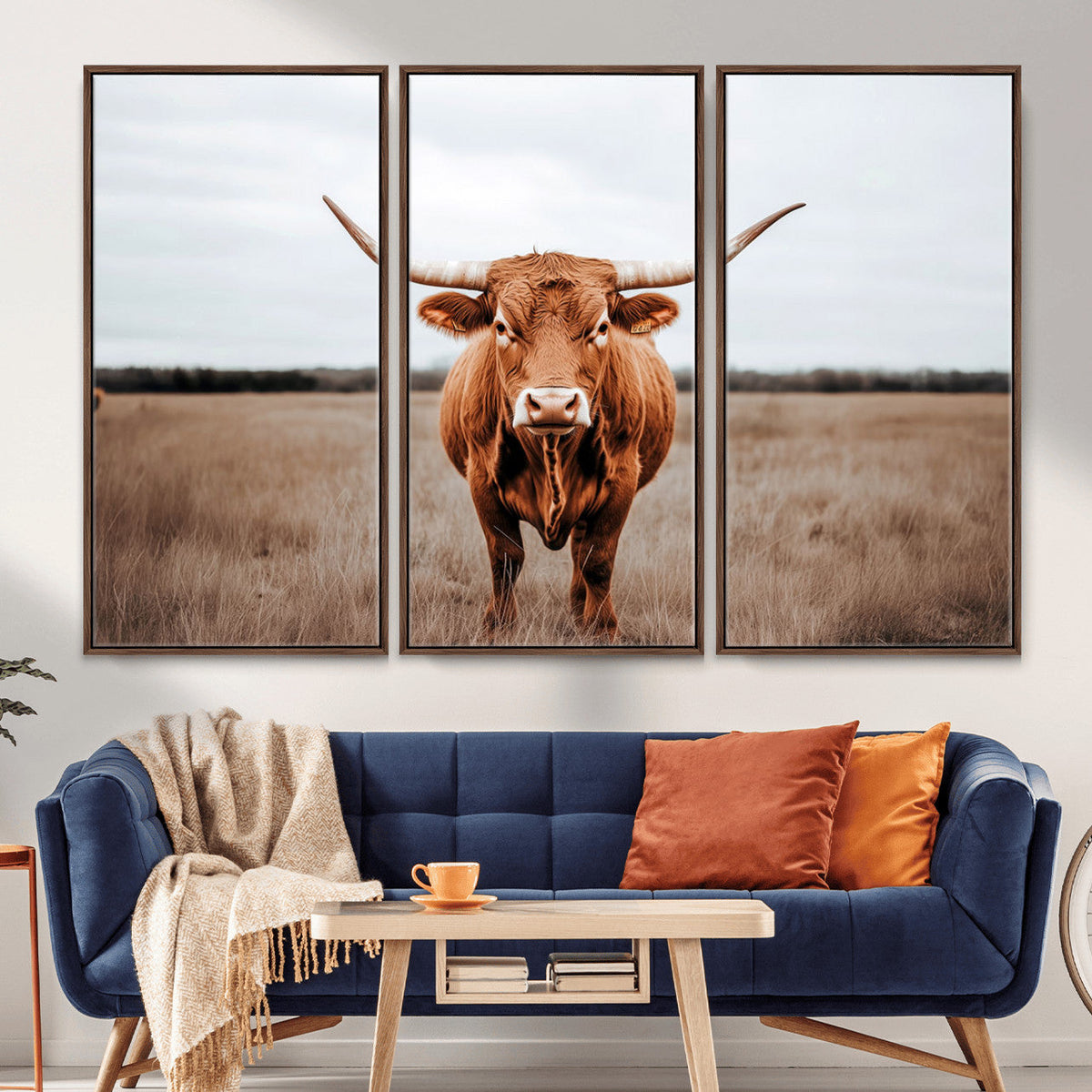 Longhorn Bull Wall Art Canvas Print, Framed Rustic Decor