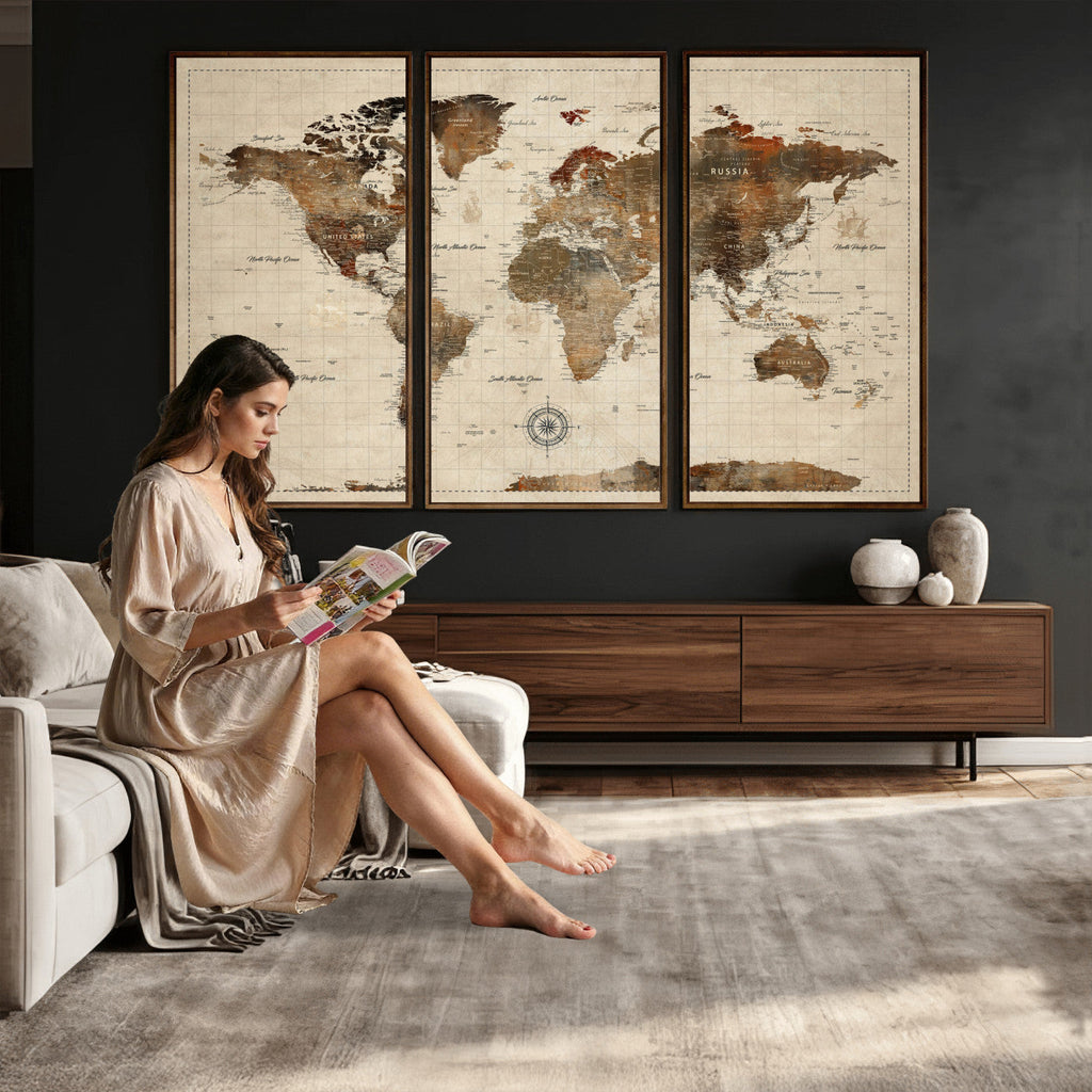 Vintage World Map Wall Art Canvas Print for Living Room, Office and Study