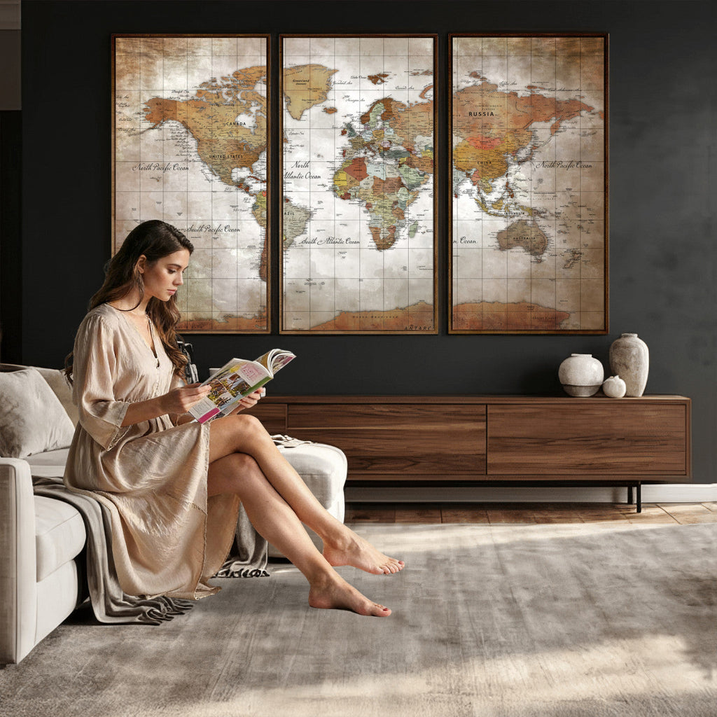 Vibrant Watercolor World Map Canvas Wall Art | Framed Travel Map