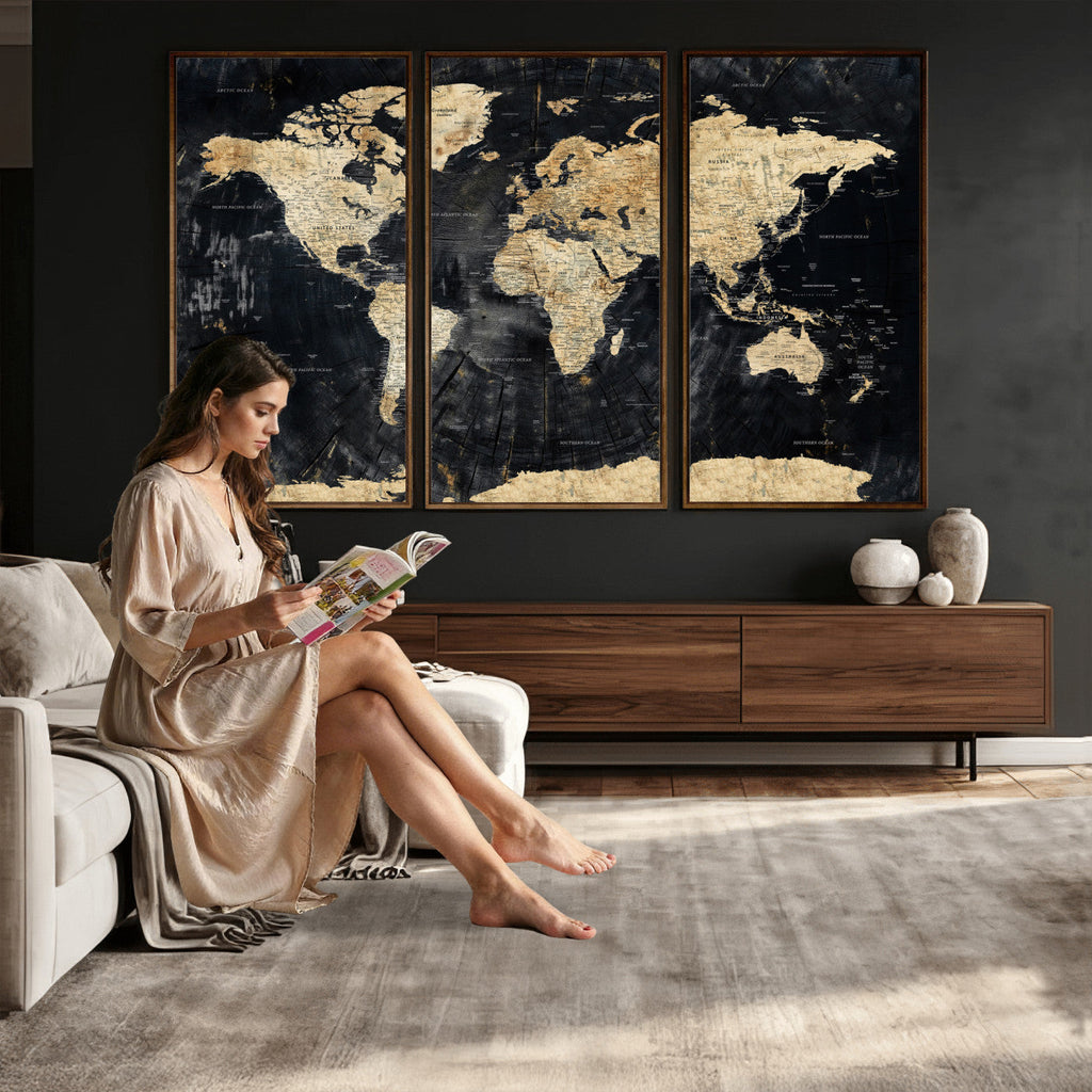 Framed Large World Map Wall Art Canvas Print for Living Room