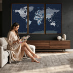 Blue Detailed World Map Wall Art Canvas Print | Modern Framed Map