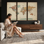 Vintage World Map Canvas Wall Art Print | Framed Modern World Map