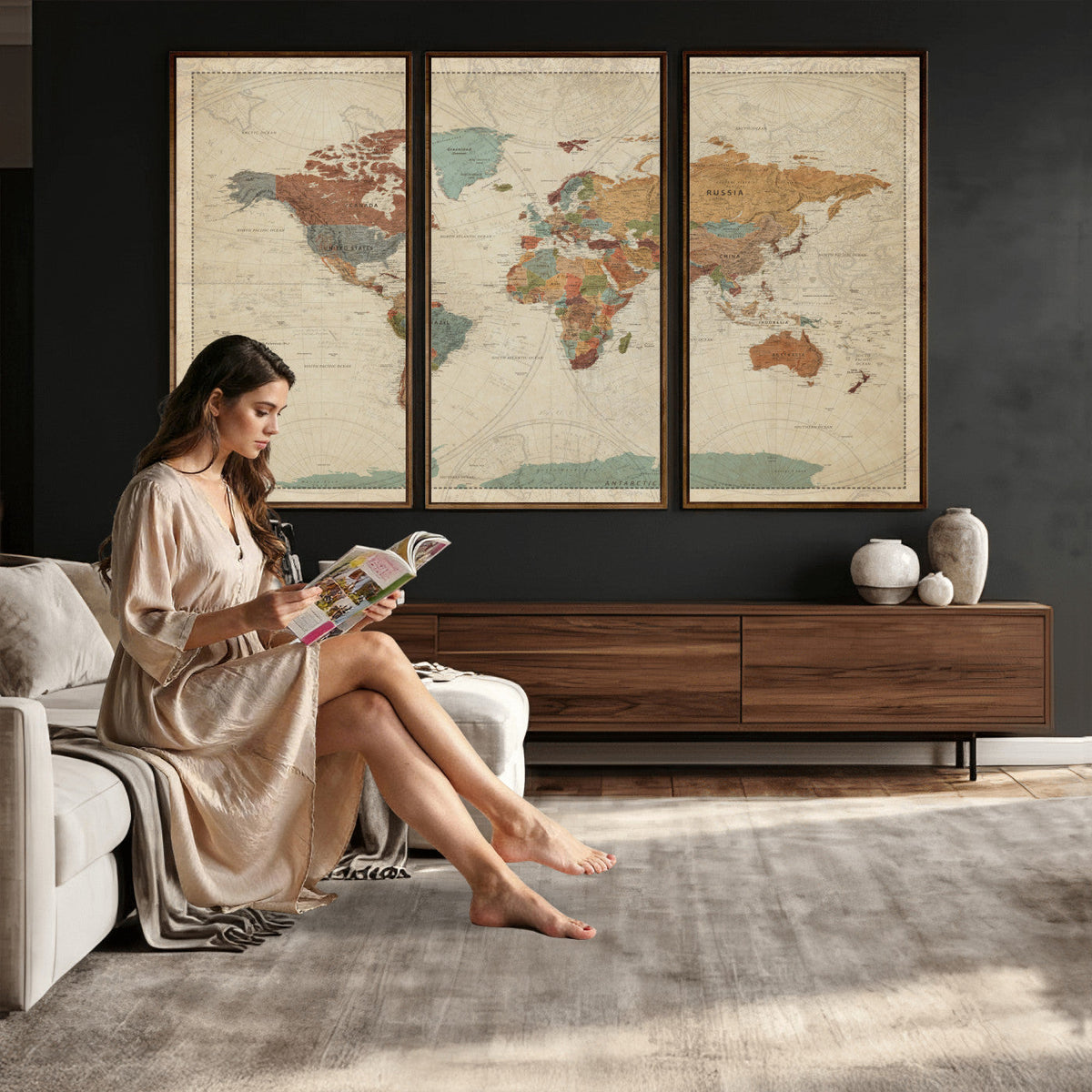 Vintage World Map Canvas Wall Art Print | Framed Modern World Map