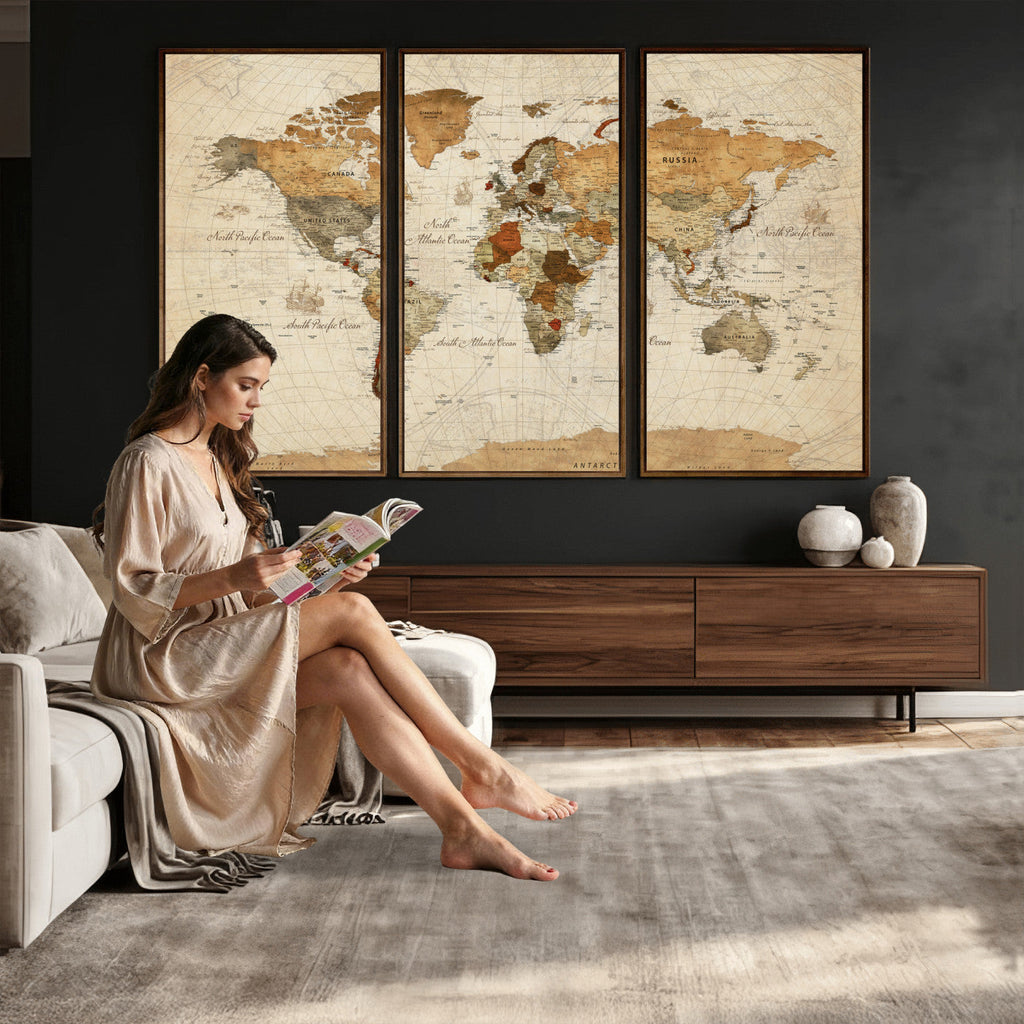 Rustic Vintage World Map Canvas Print | Framed Modern Vintage Travel Map Wall Art