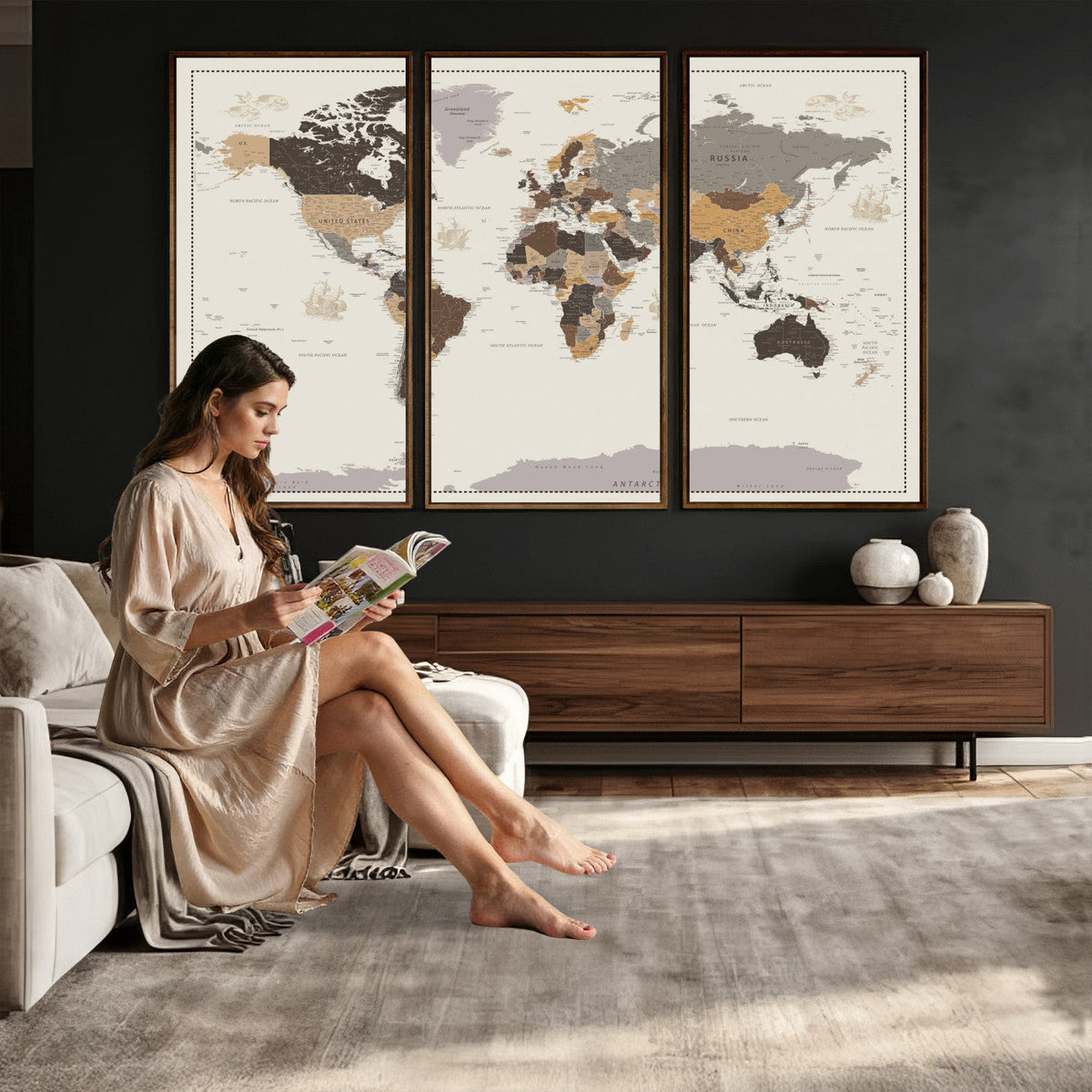 Custom Beige Modern Push Pin World Map Canvas Print, Places Visited Tracker, Bedroom and Study Decor