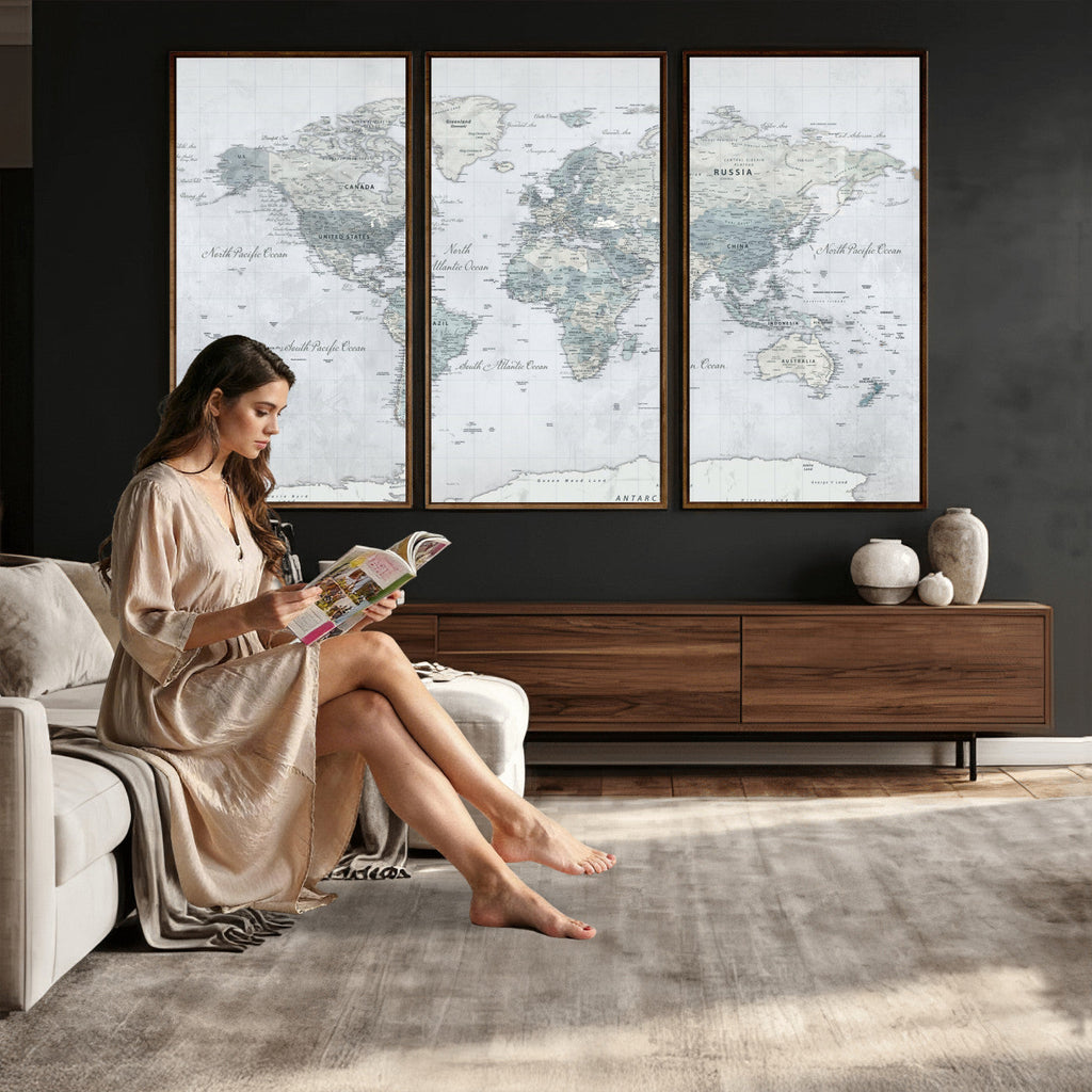 Push Pin World Map Canvas Print - Detailed Vintage World Map