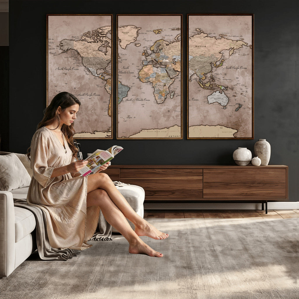 Grunge World Map Canvas Wall Art - Vintage Aged World Map with Golden Tones