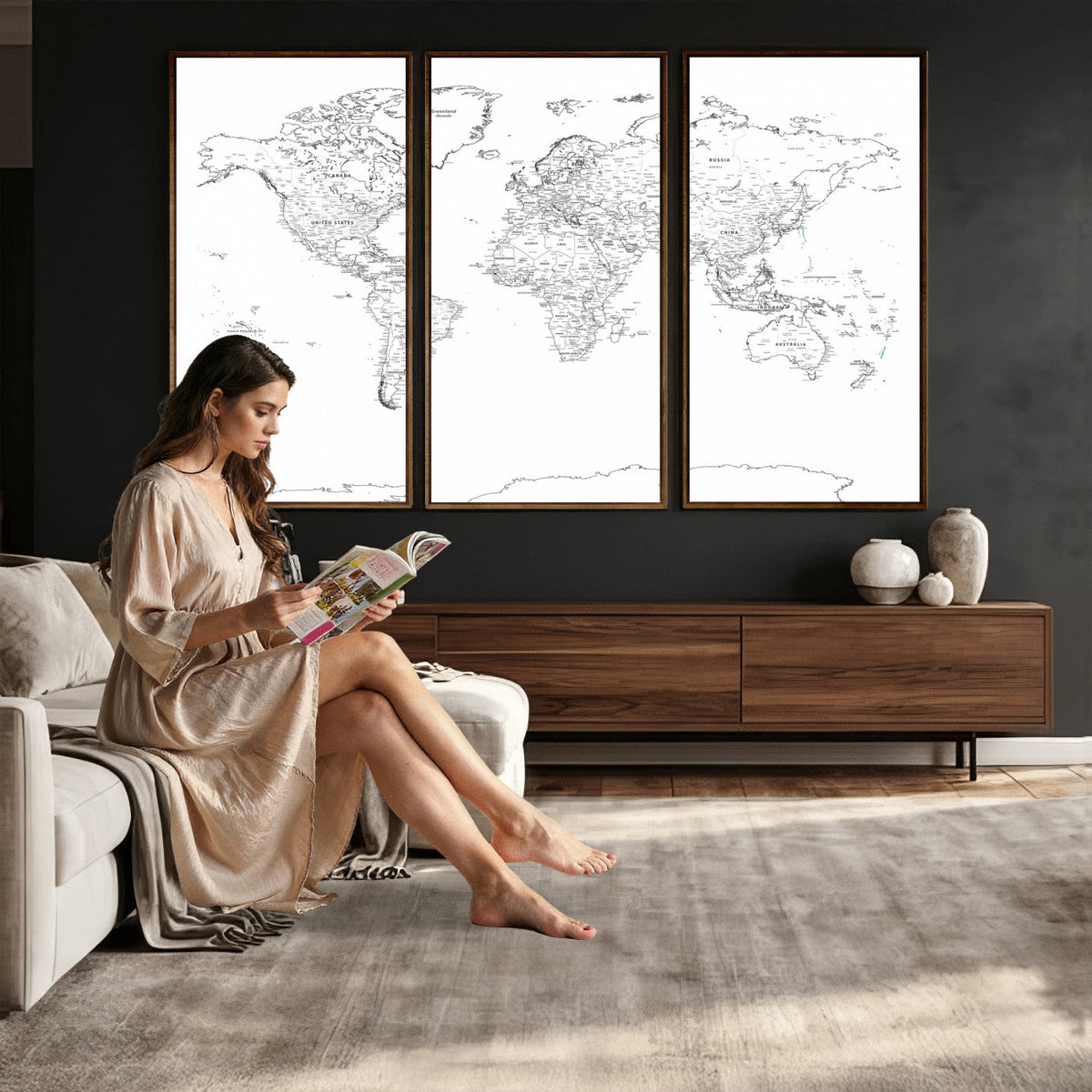 World Map Canvas Print, Framed Modern Detailed Map of the World for Home or Office