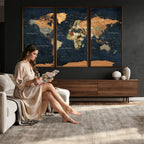 Vintage World Map Canvas Wall Art | Detailed Map with Countries, Oceans and Continents