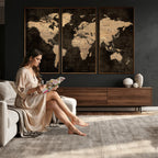 Brown World Map Canvas Print | Modern Travel Map Wall Art