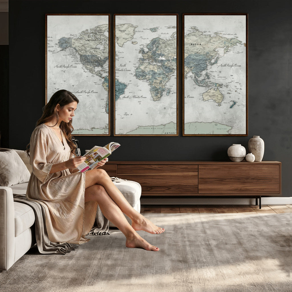 Neutral Vintage World Map Canvas Wall Art Print, Classic Map Artwork