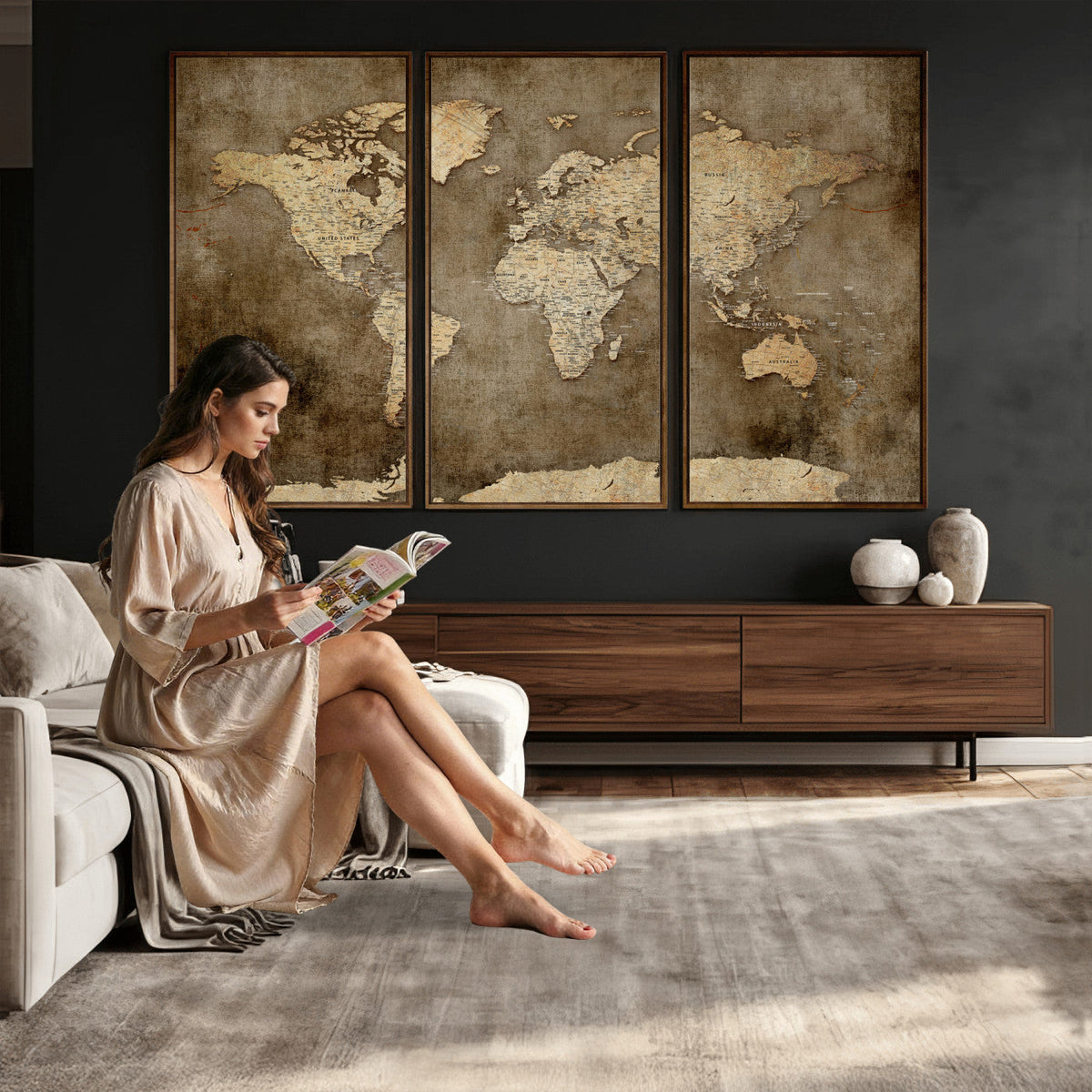 Dark Vintage World Map Canvas Wall Art Print, Antique Map Artwork