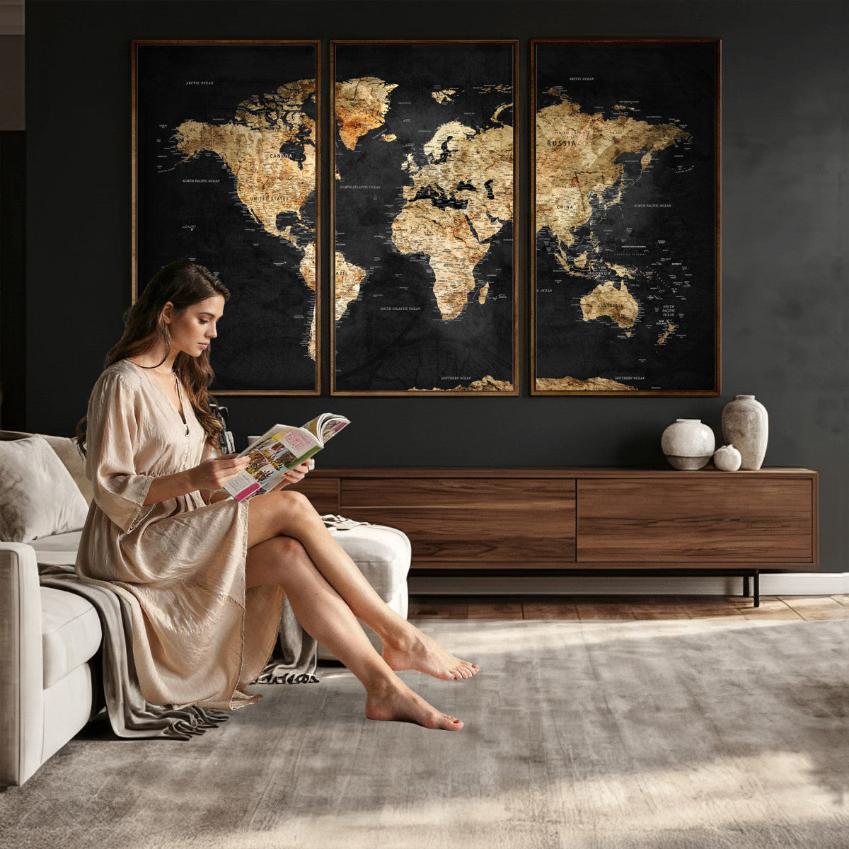 World Map Canvas Wall Art with Famous Landmarks | Framed Travel Map