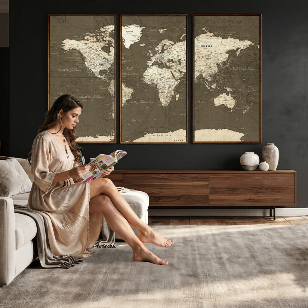 Vintage World Map Canvas Print | Framed Travel Map Wall Art for Couples