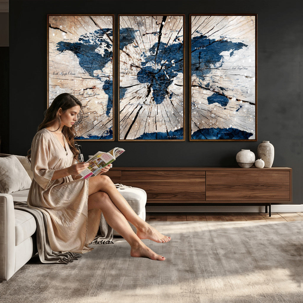 Rustic World Map Canvas Print | Framed Wall Art for Couples