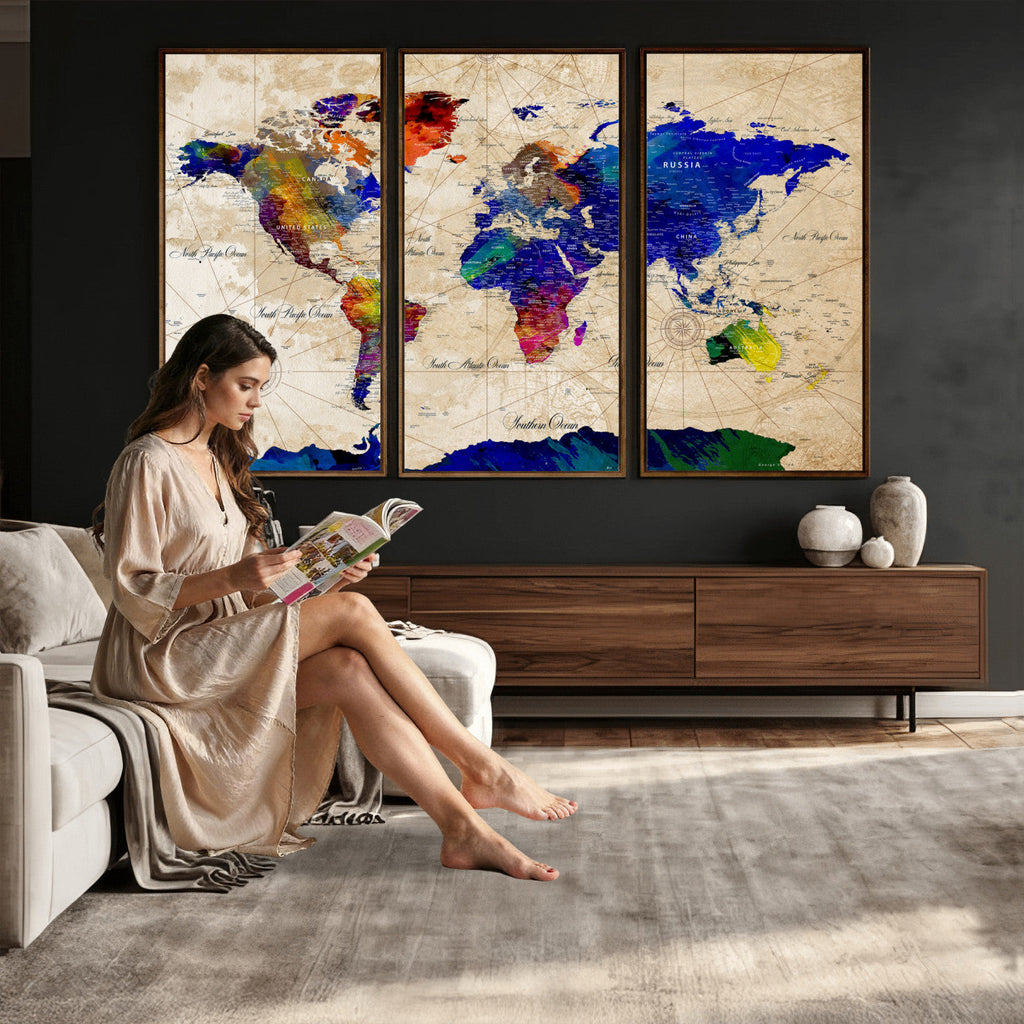 Watercolor World Map Canvas Print | Framed Wall Art for Couples