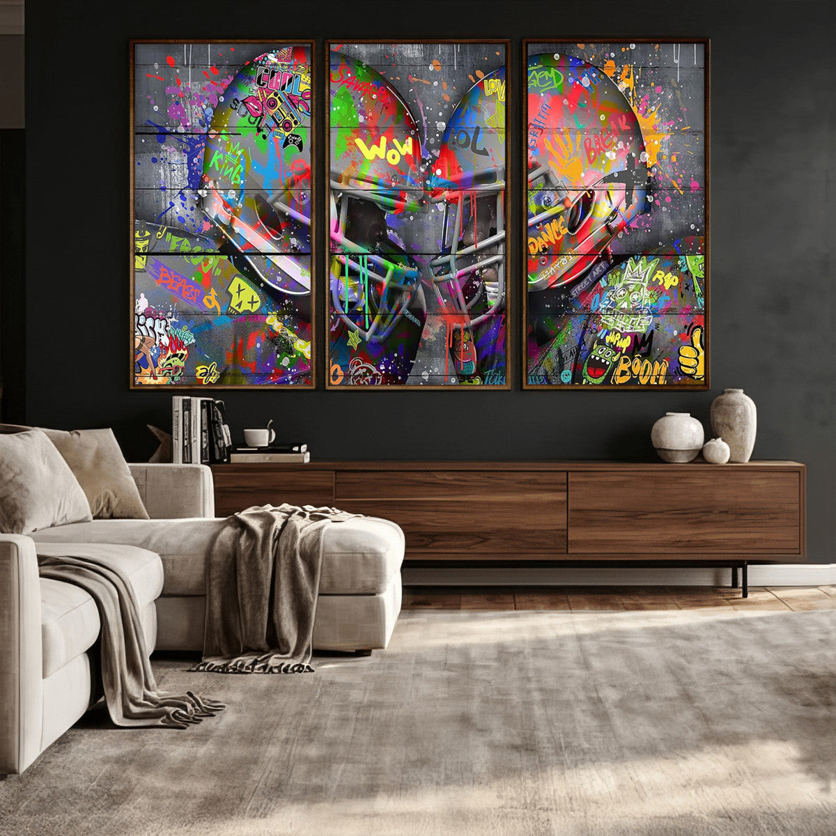 Graffiti Football Helmets Wall Art Canvas Print, Urban Street Art