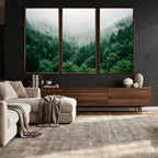 Misty Pine Forest Wall Art Canvas Print, Foggy Evergreen Landscape