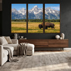 Bison in Mountain Landscape Wall Art Canvas Print, Western Decor