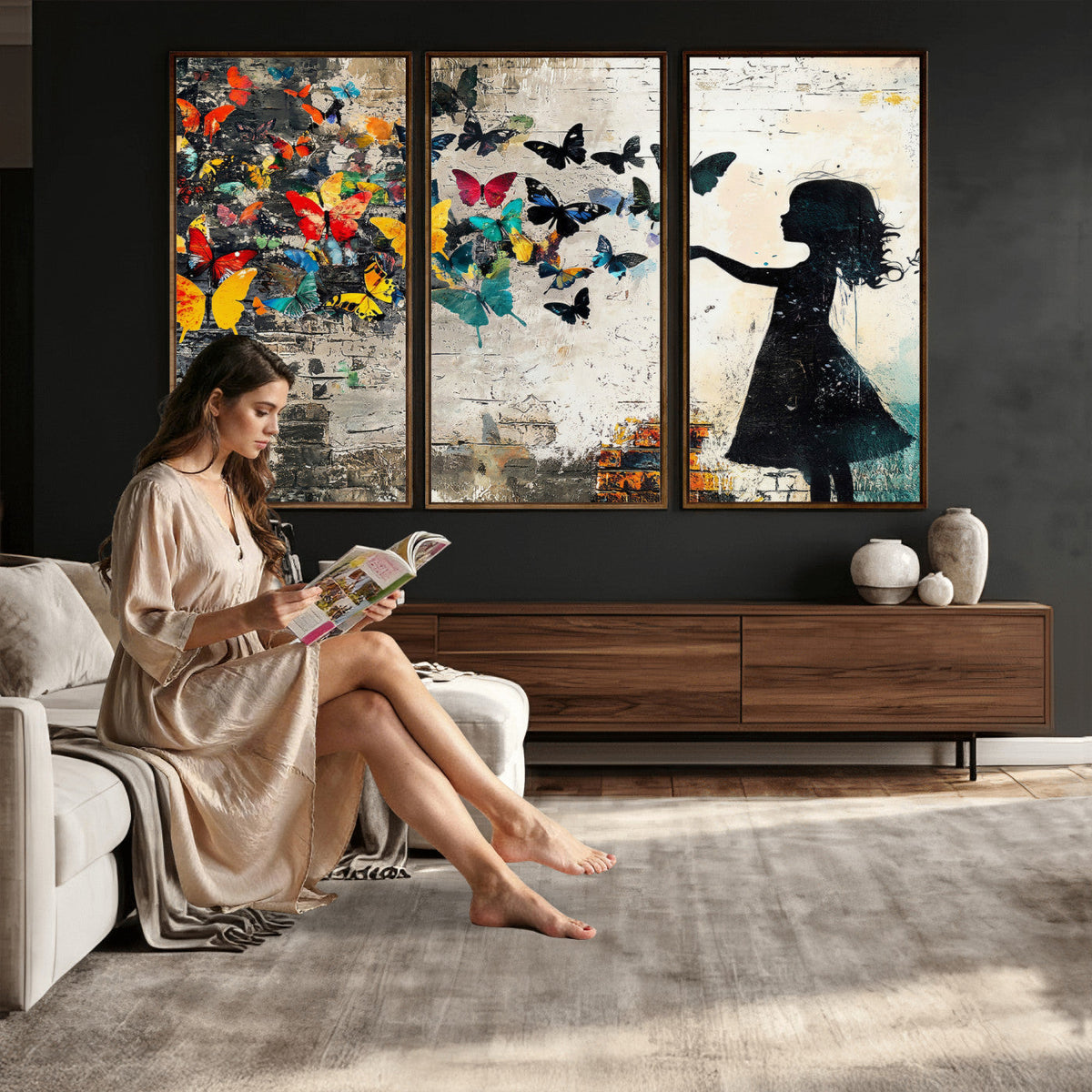 Banksy Butterfly Girl Wall Art Canvas Print, Framed Street Art