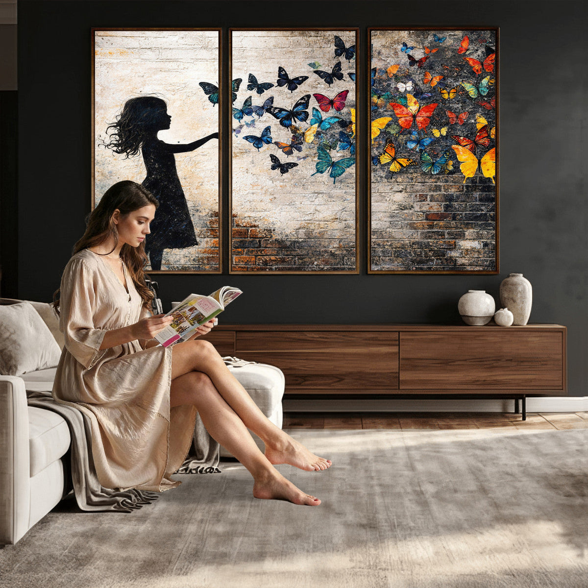 Banksy Butterfly Girl Wall Art Canvas Print, Framed Street Art