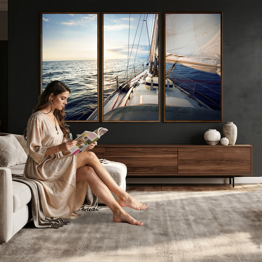 Sailboat Wall Art Canvas Print, Ocean Sunset Sailing Framed Artwork